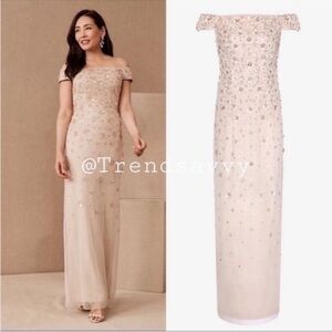 ANTHROPOLOGIE BHLDN Rosie Handsew Sequin Beads Off The Shoulder Maxi Dress 6 NWT